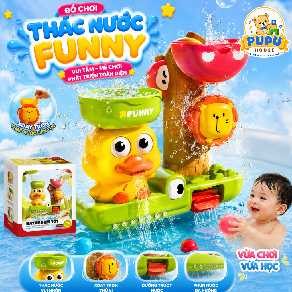 Thác Nước Vịt Funny Vịt Nhà Tắm Funny Đồ Chơi Nhà Tắm Thác Nước Vịt Sư Tử Funny 3in1 - Đồ Chơi PUPU HOUSE
