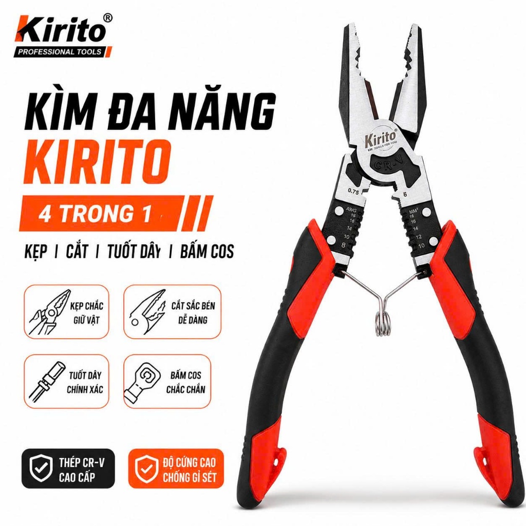 Bộ Kìm Đa Năng Kirito Japan CR-V – Tuốt, Cắt, Uốn Dây | Siêu Bền, Tiết Kiệm 30% Lực có lò xo
