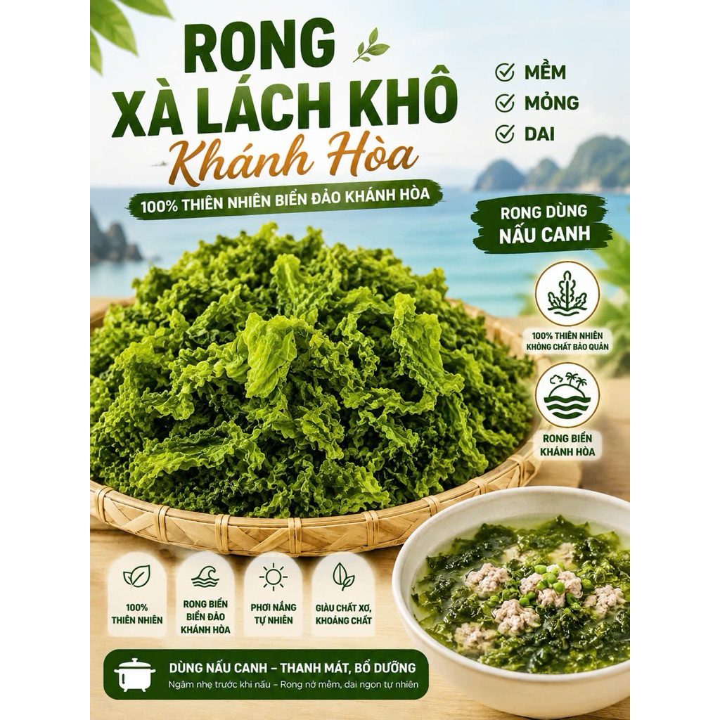 Rong xà lách( rong lục) Đảo Khánh Hoà khô tự nhiên - dùng nấu canh,chiên trứng, làm bánh
