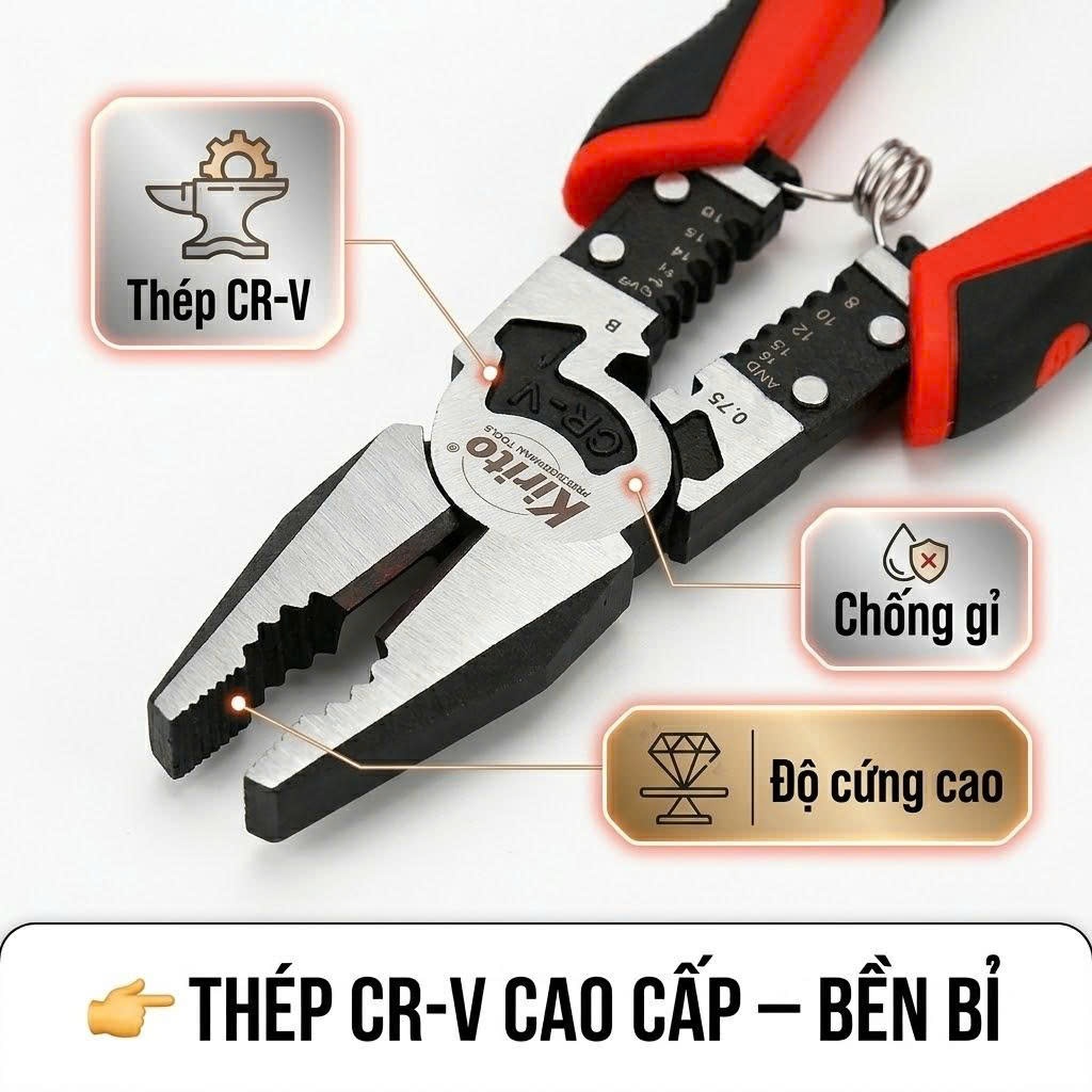 Bộ Kìm Đa Năng Kirito Japan CR-V – Tuốt, Cắt, Uốn Dây | Siêu Bền, Tiết Kiệm 30% Lực có lò xo