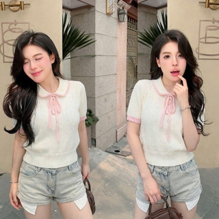 Áo Len Dệt Kim Cổ Sen L05 Kèm Nơ Hồng – Cardigan Nữ Lỗ Thoáng Khí Tôn Dáng