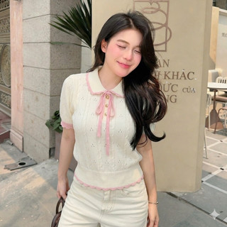 Áo Len Dệt Kim Cổ Sen L05 Kèm Nơ Hồng – Cardigan Nữ Lỗ Thoáng Khí Tôn Dáng