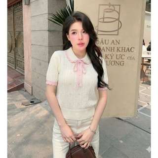 Áo Len Dệt Kim Cổ Sen L05 Kèm Nơ Hồng – Cardigan Nữ Lỗ Thoáng Khí Tôn Dáng