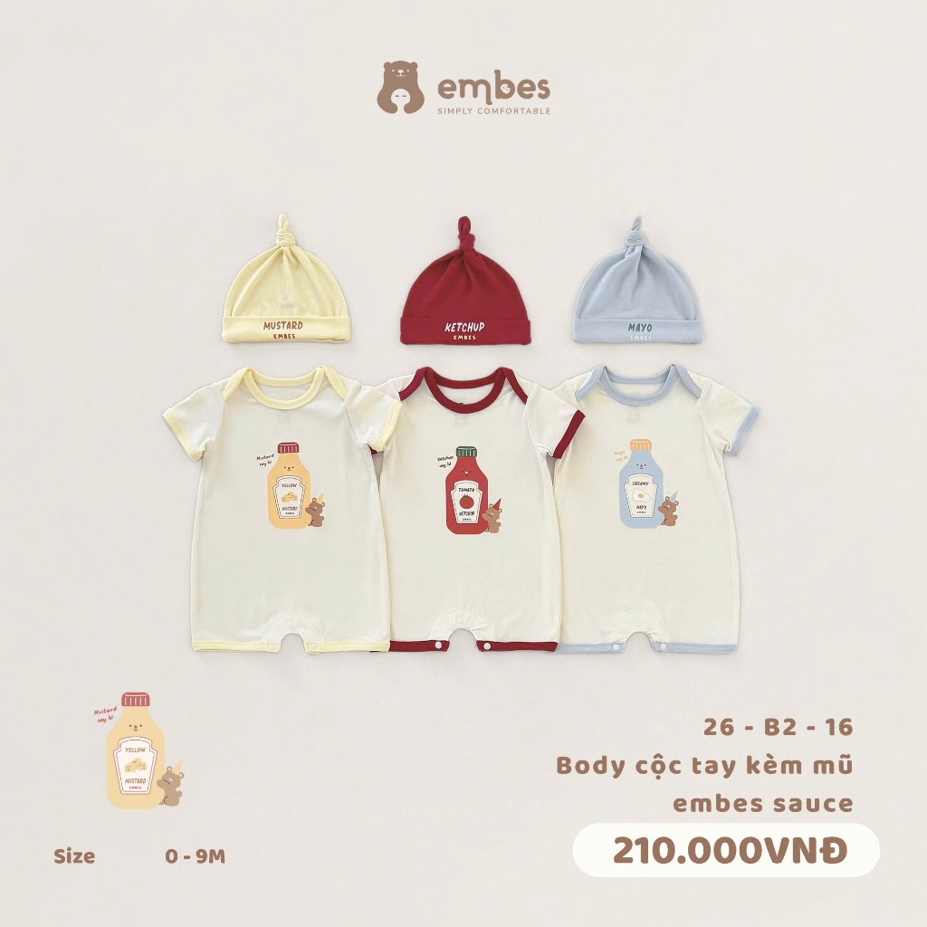 Body Cộc Sơ Sinh Ẻmbes, Body Cộc Tay In Hình Kèm Mũ Buộc Chất Cotton Cho Bé Trai Bé Gái Từ 0-9 Tháng