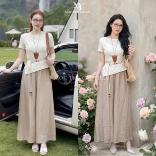 Set 3 món nàng thơ Loại 1 thiết kế áo thun be kèm dây đai eo mix quần suông dài trẻ trung rẻ đẹp