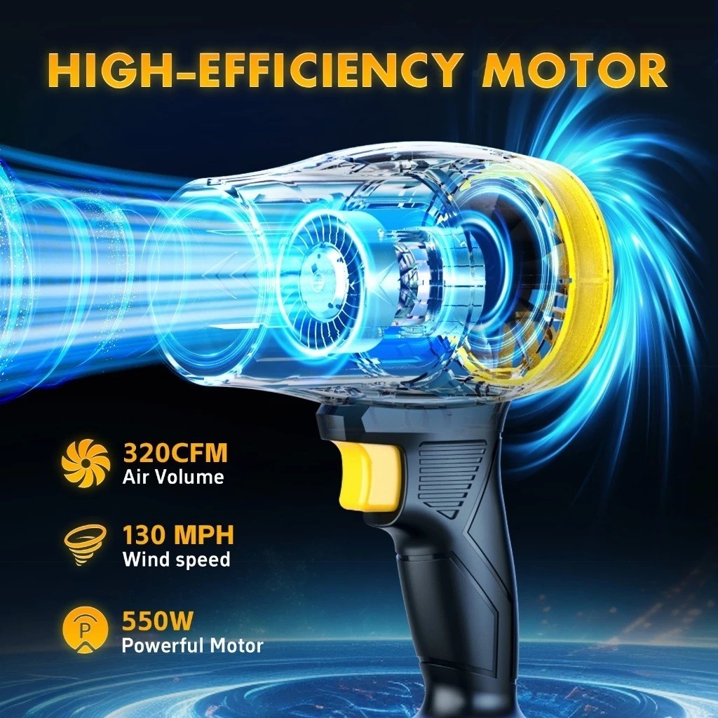 Máy Thổi Phản Lực Cầm Tay 21V Qimedo 550W-40000 Vòng/Phút,2 Pin 3000mAh,Thổi Lá Cây,Bụi Bẩn,Sân Vườn
