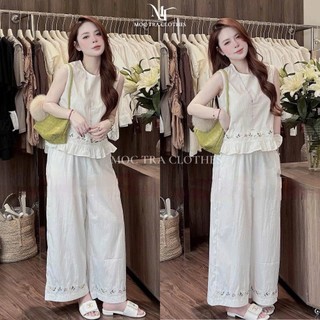 Set bộ sát nách trắng Loại 1 thiết kế áo ba lỗ thêu viền mix quần suông siêu xinh, Set đồ nữ đi biển vintage trẻ trung r