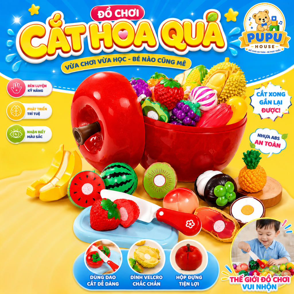 Đồ Chơi Cắt Hoa Quả Trái Cây Rau Củ Giỏ Cắt Trái Cây Đồ Chơi Nhà Bếp Nấu Ăn 30 Chi Tiết Cho Bé - PUPU HOUSE