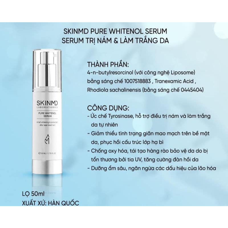 Tinh Chất Skinmd Pure Whitenol Serum 50ml SkinMD Giảm Nám Sạm Tàn Nhang, Ngừa Lão Hóa, Da Sáng Mịn