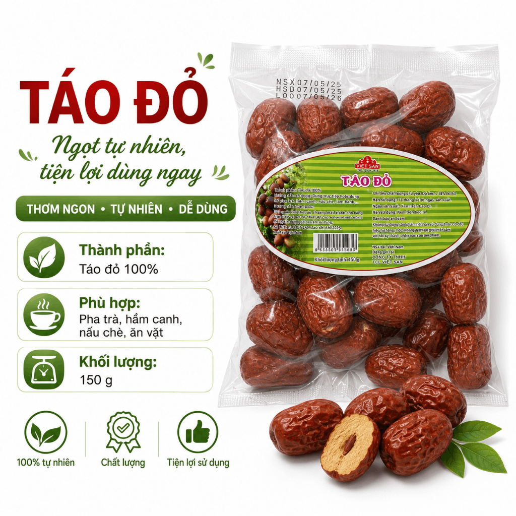 Táo Đỏ Kỷ Tử Việt San 150g - Táo Đỏ Cắt Lát Kỷ Tử Đỏ Nguyên Liệu Pha Trà Dưỡng Nhan, Nấu Chè Bồi Bổ