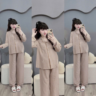 Bộ Bầu - bộ sau sinh - BỘ DÀI ĐŨI THÁI CỔ PIZAMA KẺ CARO NHỎ XINH - 4 Màu