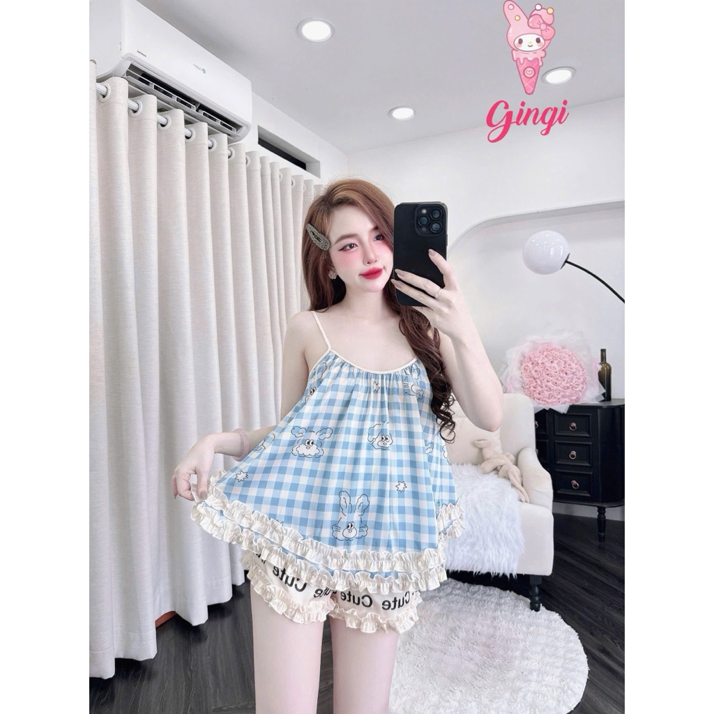 [ Size40-60kg Đồ Ngắn ]Đồ nữ mặc nhà áo 2 dây quần ngắn phối viền bèo hoạ tiết dễ thương chất lụa latin