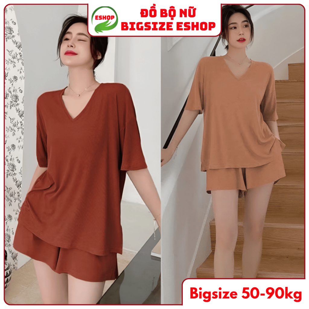 Đồ Bộ Mặc Nhà Bigsize Nữ Áo Cổ Tim ESHOP BD69 – Bộ Đồ Ngủ Set Đùi Thun Lạnh Dáng Rộng Dễ Thương