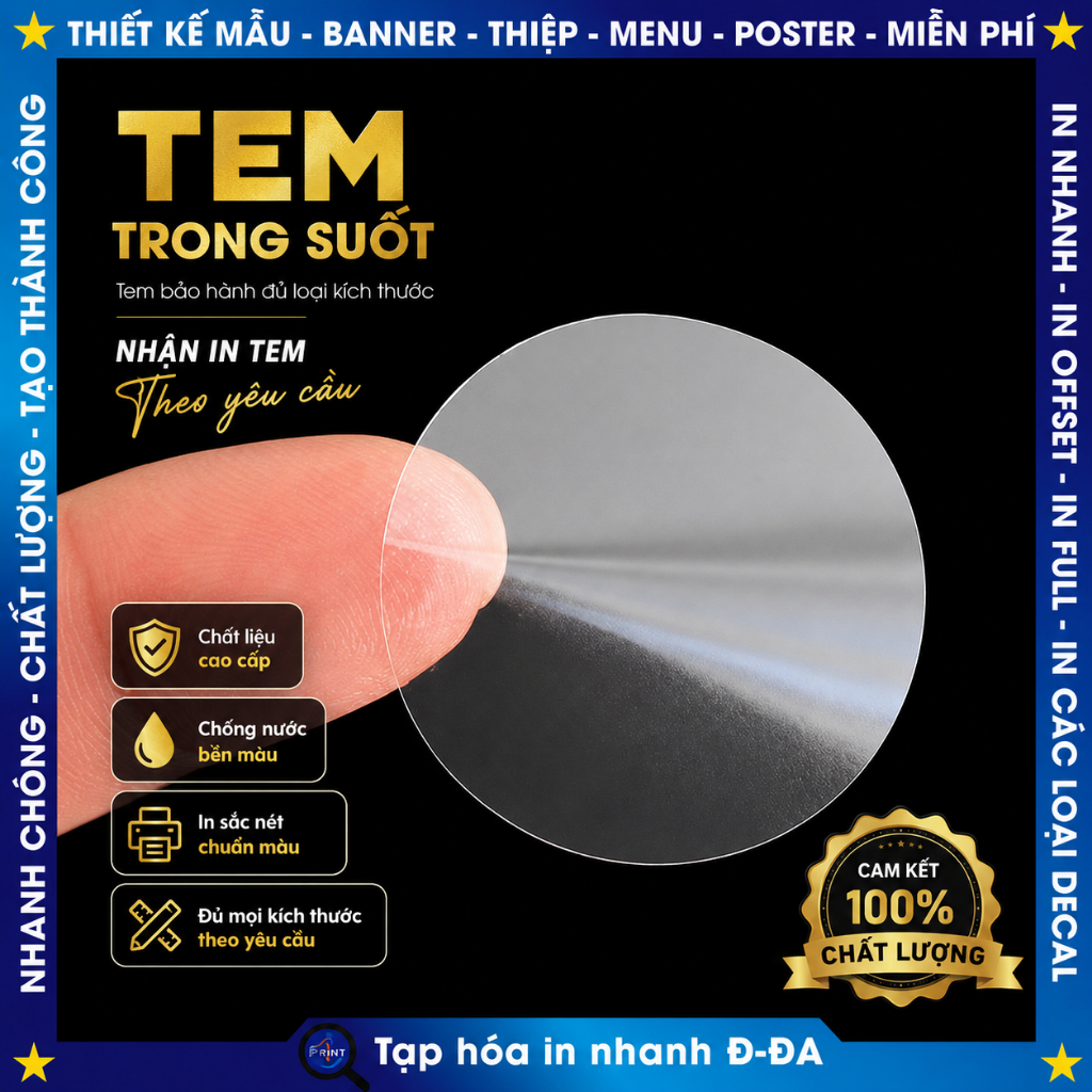 Tem niêm phong nilon trong suốt decal trong dán 2cm-5cm, tem dán hộp sản phẩm hình tròn 2 cm -5cm