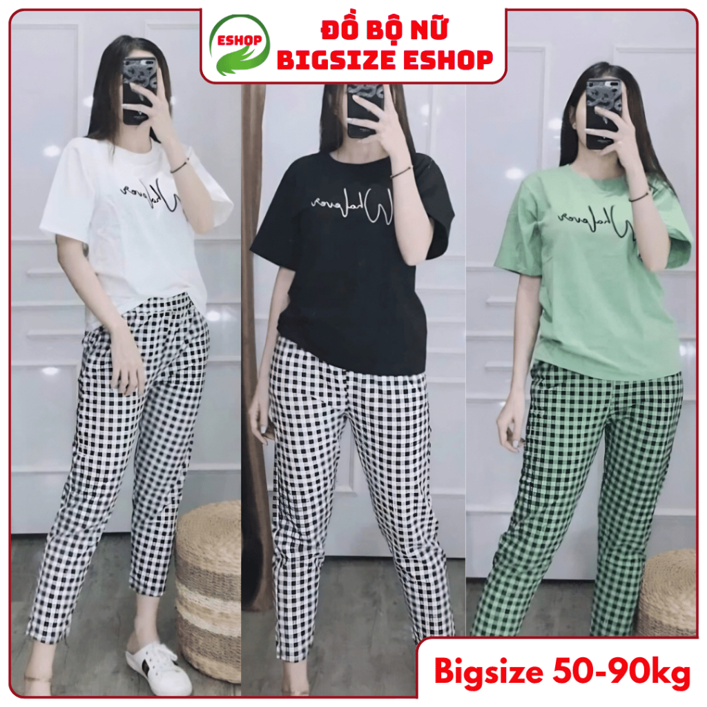 Đồ Bộ Nữ Bigsize ESHOP Đồ Mặc Nhà Thun Cotton Quần Dài Caro Thể Thao Dễ Thương Trung Niên MS901