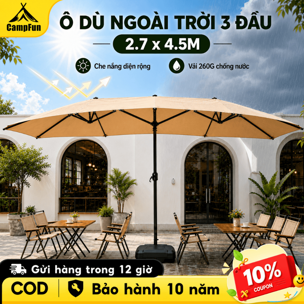Ô dù che nắng 3 tán ngoài trời, diện tích lớn, chống tia UV, kèm kèm đế nước 60L, dùng cho sân vườn quán cafe
