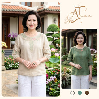 Áo Đũi Thêu Hoa Trung Niên Cao Cấp | Áo Kiểu Nữ Form Rộng Thoáng Mát Mặc Nhà Đi Chơi | Anh Thư Shop (AT46)