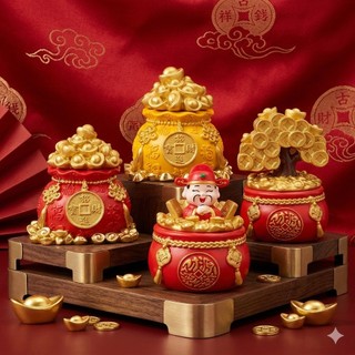 Bộ Tượng Thần Tài Mini Trang Trí Bàn Làm Việc Mô Hình Cây Tài Lộc Túi Vàng May Mắn Kèm 50 Thỏi Vàng Hộp Acrylic Trong Su