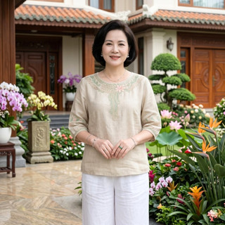Áo Đũi Thêu Hoa Trung Niên Cao Cấp | Áo Kiểu Nữ Form Rộng Thoáng Mát Mặc Nhà Đi Chơi | Anh Thư Shop (AT46)