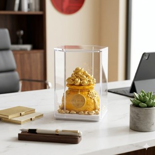 Bộ Tượng Thần Tài Mini Trang Trí Bàn Làm Việc Mô Hình Cây Tài Lộc Túi Vàng May Mắn Kèm 50 Thỏi Vàng Hộp Acrylic Trong Su