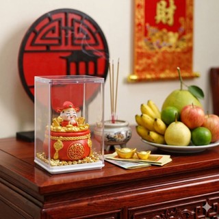 Bộ Tượng Thần Tài Mini Trang Trí Bàn Làm Việc Mô Hình Cây Tài Lộc Túi Vàng May Mắn Kèm 50 Thỏi Vàng Hộp Acrylic Trong Su