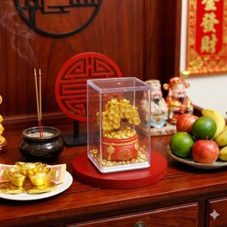 Bộ Tượng Thần Tài Mini Trang Trí Bàn Làm Việc Mô Hình Cây Tài Lộc Túi Vàng May Mắn Kèm 50 Thỏi Vàng Hộp Acrylic Trong Su
