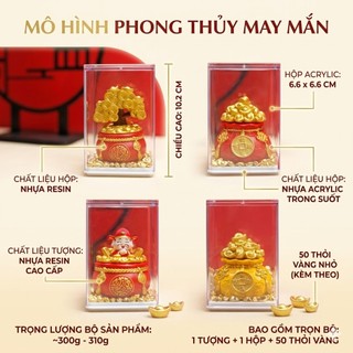 Bộ Tượng Thần Tài Mini Trang Trí Bàn Làm Việc Mô Hình Cây Tài Lộc Túi Vàng May Mắn Kèm 50 Thỏi Vàng Hộp Acrylic Trong Su