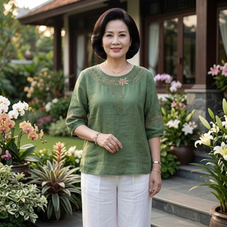 Áo Đũi Thêu Hoa Trung Niên Cao Cấp | Áo Kiểu Nữ Form Rộng Thoáng Mát Mặc Nhà Đi Chơi | Anh Thư Shop (AT46)