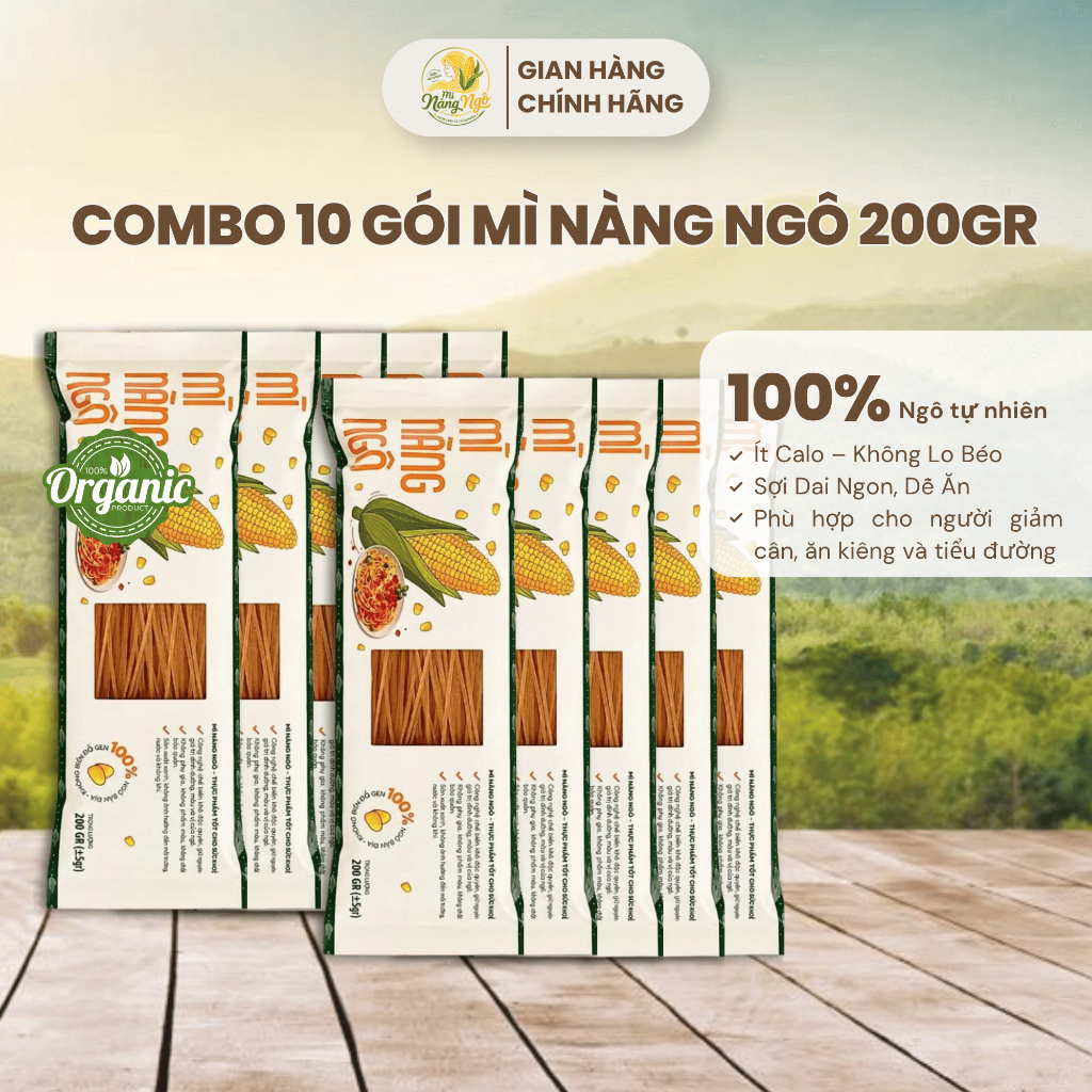 [Combo 10 gói] Mì Nàng Ngô Hữu Cơ 200gr/bịch, Chuẩn Organic Giàu Chất Xơ
