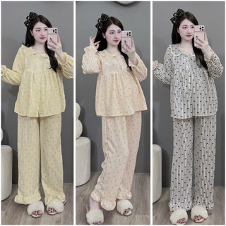 Bộ Bầu - bộ sau sinh-BỘ DÀI ĐŨI NHĂN HÌNH CỔ SEN DÁNG BBD NƠ TRẮNG - 6 Màu, Áo Có Khoá Kéo & Quần Có Chun Chỉnh