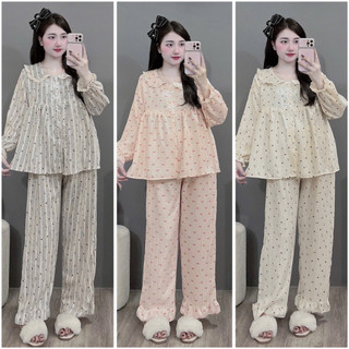 Bộ Bầu - bộ sau sinh-BỘ DÀI ĐŨI NHĂN HÌNH CỔ SEN DÁNG BBD NƠ TRẮNG - 6 Màu, Áo Có Khoá Kéo & Quần Có Chun Chỉnh