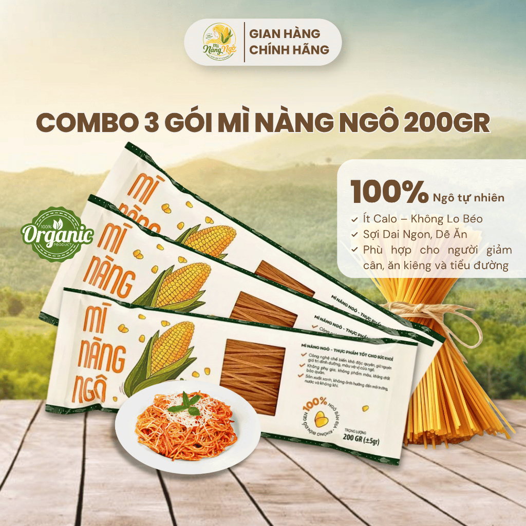 [Combo 3 gói] Mì Nàng Ngô 200gr, Chuẩn Organic, Giàu Chất Xơ