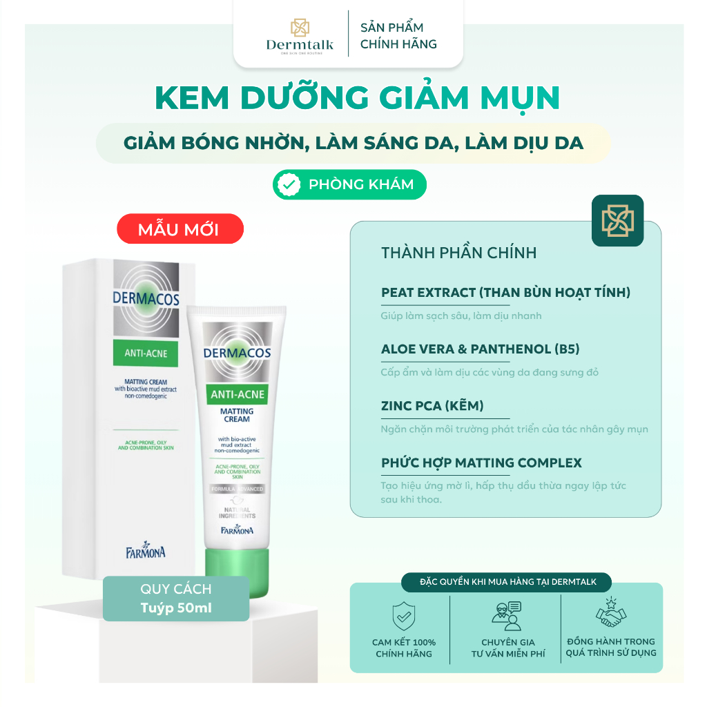 Kem dưỡng giảm mụn dành cho da dầu và da mụn trứng cá Dermacos Matting Cream (50ml) - Kiềm dầu và mịn da