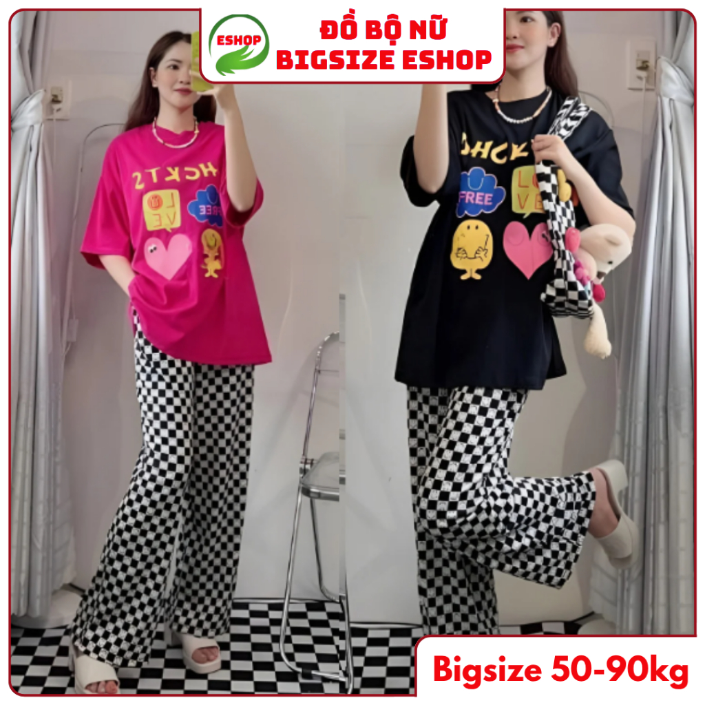 Đồ Bộ Nữ Bigsize 45-85kg Quần Ống Suông Rộng Cạp Cao Có Túi Thun Gân Co Giãn Mặc Nhà ESHOP DB36