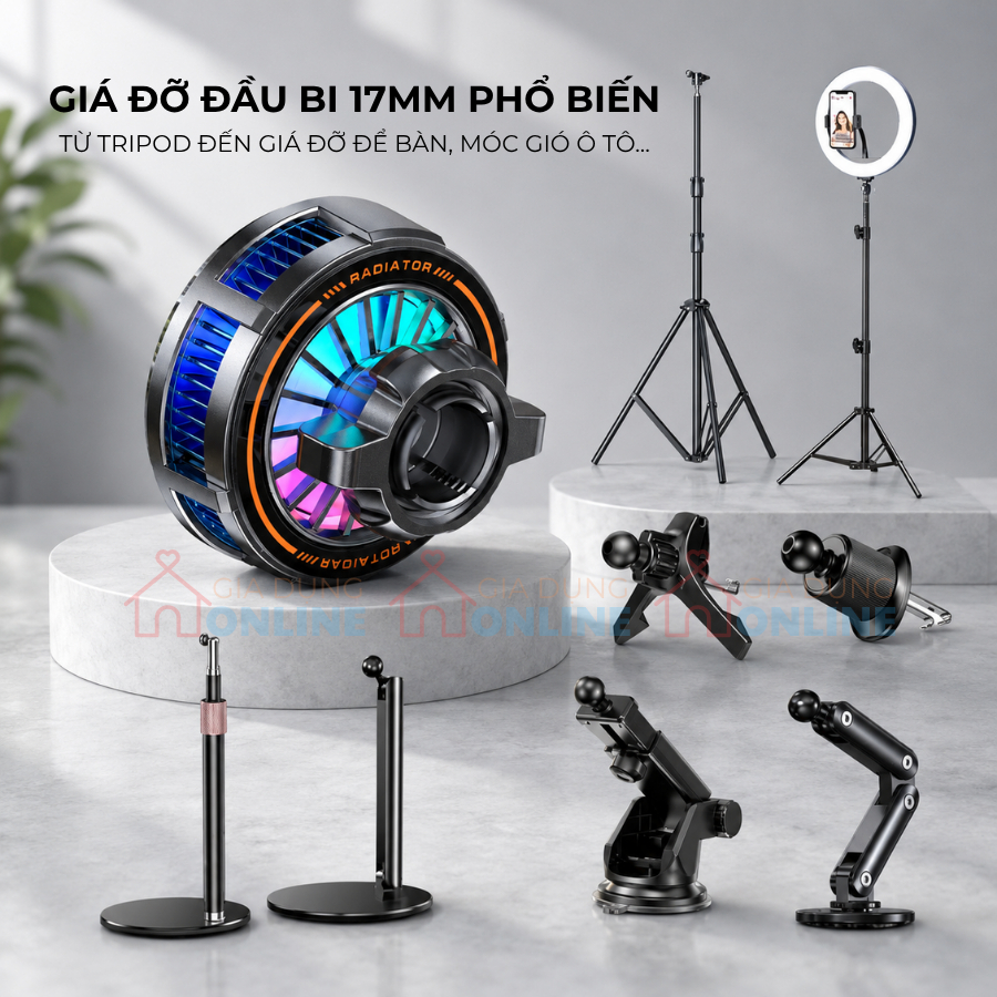 Tản nhiệt đa năng gắn giá đỡ đầu bi 17mm có sạc không dây, nút bật tắc điều chỉnh 3 chế độ làm lạnh...