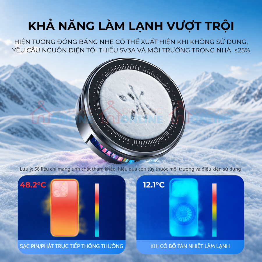 Tản nhiệt đa năng gắn giá đỡ đầu bi 17mm có sạc không dây, nút bật tắc điều chỉnh 3 chế độ làm lạnh...