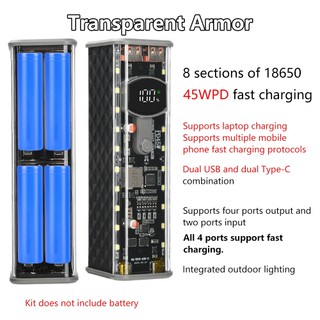 Vỏ sạc dự phòng PD 45W trong suốt Hộp pin 8 viên 18650 không cần hàn kèm đèn ngoài trời