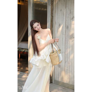 Đầm váy ren thêu hoa 2 dây maxi cổ V đi biển sang chảnh dành cho nữ