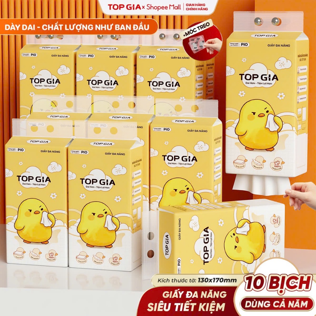 Thùng 10 Bịch Khăn Giấy Pio TopGia 200 Lần Rút Cao Cấp Chắc Chắn Siêu Dai Mềm Mịn