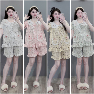 Bộ Bầu - bộ sau sinh - BỘ ĐÙI ĐŨI HÀN CỔ SEN HÌNH MÈO NỔI HAI TÚI REN NƠ - Nhiều Màu, Áo Có Khoá Kéo, Quần Có Chun Chỉnh