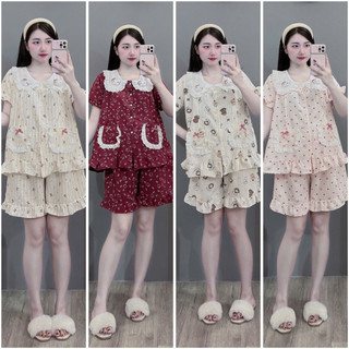 Bộ Bầu - bộ sau sinh - BỘ ĐÙI ĐŨI HÀN CỔ SEN HÌNH MÈO NỔI HAI TÚI REN NƠ - Nhiều Màu, Áo Có Khoá Kéo, Quần Có Chun Chỉnh