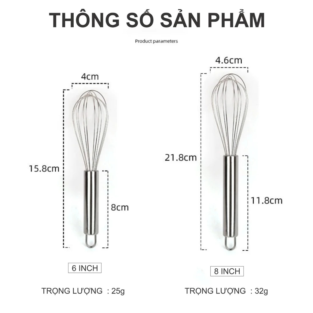 Phới đánh trứng cầm tay, phới lồng đánh trứng bằng thép không gỉ, đủ size dùng cho làm bánh, nhà bếp