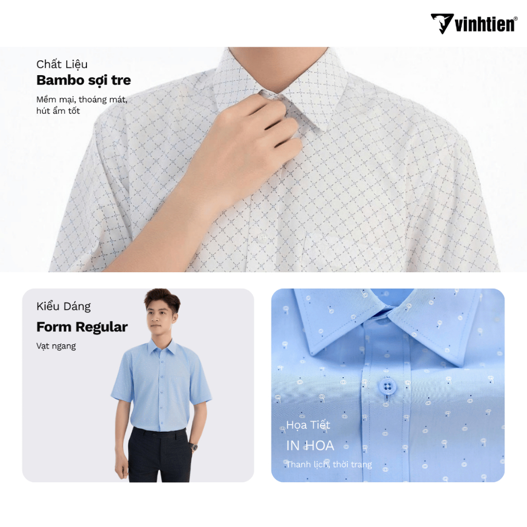 Áo Sơ Mi Nam Ngắn Tay Vải Bamboo Vạt Ngang Form Regular Vĩnh Tiến 445 - Nhiều Màu