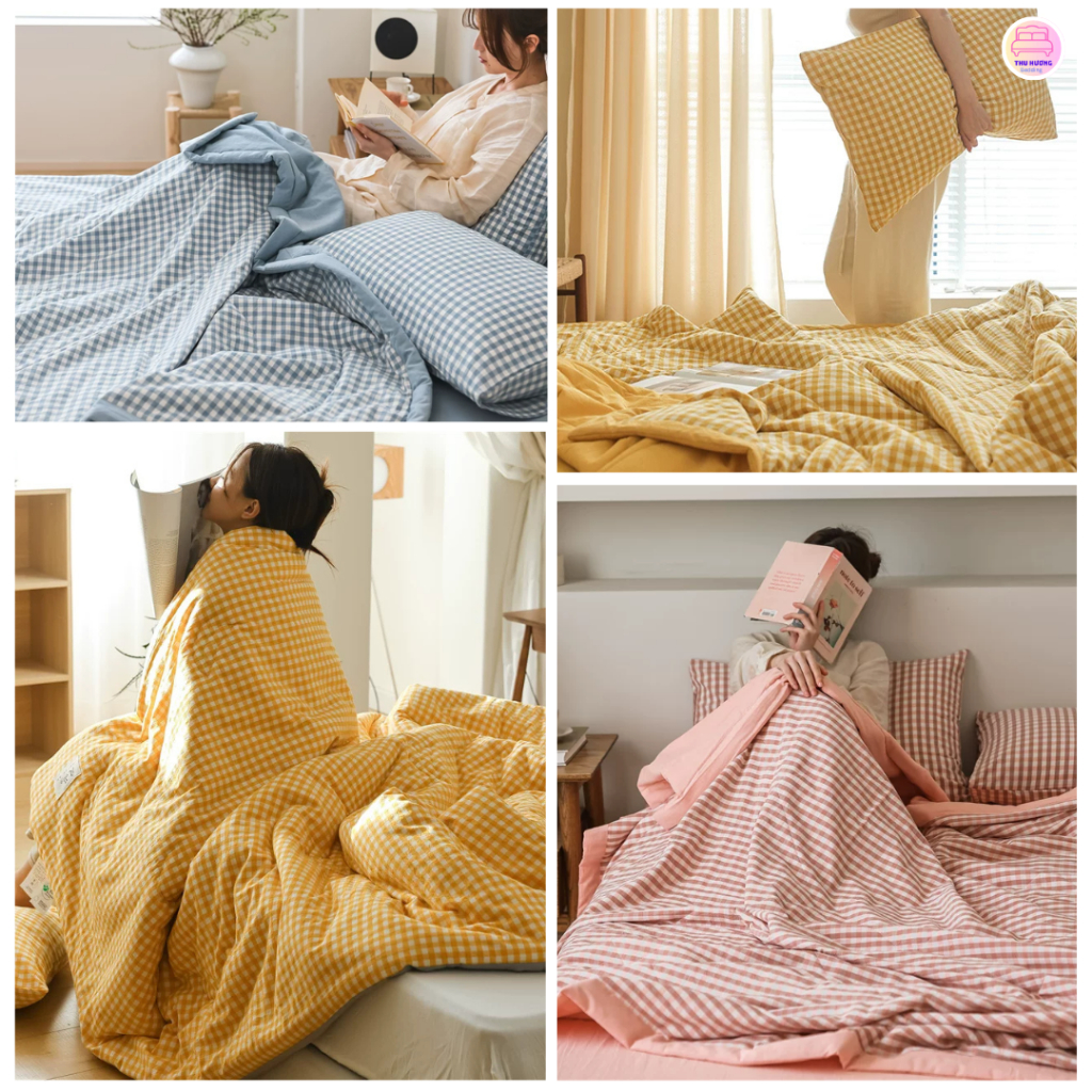 Bộ Chăn Ga Gối Kẻ CARO chất Đũi Đậu Nành, Chăn Hè Mềm Mịn Thoáng Mát Nhiều Mẫu Kích Thước 2m x 2m2