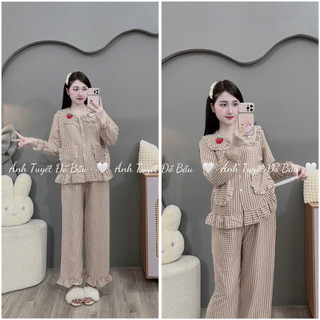 Bộ Bầu - bộ sau sinh - BỘ ĐŨI THÁI DÀI TAY CỔ SEN HÌNH DÂU - KITTY - Áo Có Khoá Kéo & Quần Có Chun Chỉnh - 4 Màu