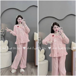 Bộ Bầu - bộ sau sinh - BỘ ĐŨI THÁI DÀI TAY CỔ SEN HÌNH DÂU - KITTY - Áo Có Khoá Kéo & Quần Có Chun Chỉnh - 4 Màu