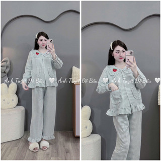Bộ Bầu - bộ sau sinh - BỘ ĐŨI THÁI DÀI TAY CỔ SEN HÌNH DÂU - KITTY - Áo Có Khoá Kéo & Quần Có Chun Chỉnh - 4 Màu