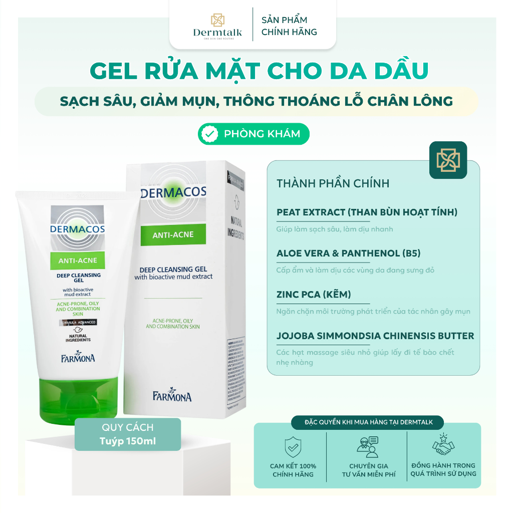 Gel rửa mặt giảm mụn Dermacos Deep Cleansing Gel (150ml) – Sữa rửa mặt cho da dầu, làm sạch sâu & kiểm soát nhờn