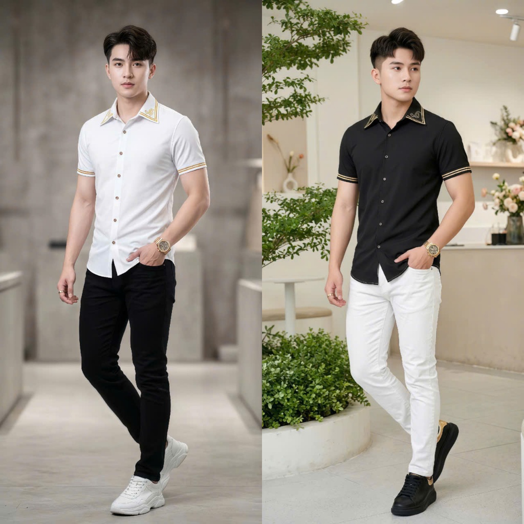 Áo Sơ Mi Nam Trơn Tay Ngắn Phối Viền Tay, Sơ Mi Nam Vải Lụa Thoáng Mát Dáng Body 1999 Fashion