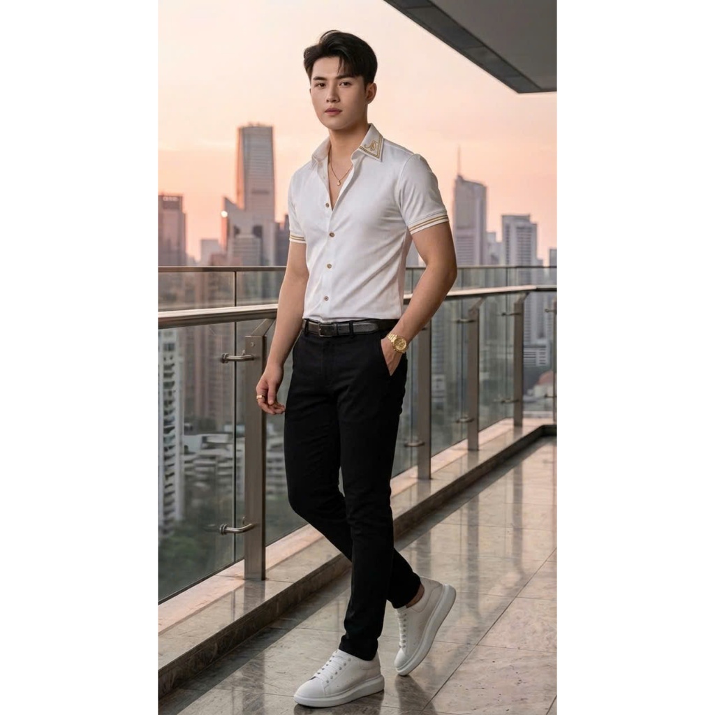 Áo Sơ Mi Nam Trơn Tay Ngắn Phối Viền Tay, Sơ Mi Nam Vải Lụa Thoáng Mát Dáng Body 1999 Fashion